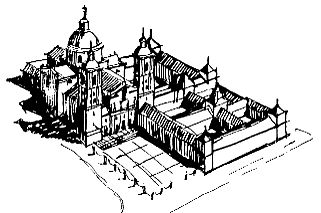 El monasterio reducido al esquema tradicional (F. Chueca). Modificación con torres