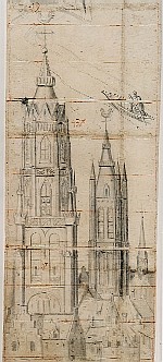 Detalle de la Oude Kerk (izquierda) y la Nieuwe Kerk de Delft, del cartón de «El auxilio de Leiden» (vidriera 25, Gouda) por Isaac van Swanenburg (1600-01)